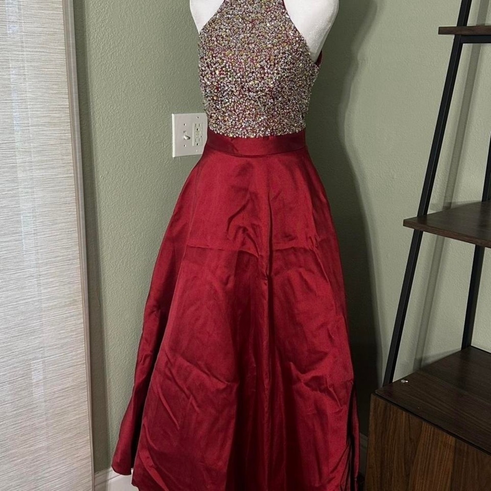 Red beaded halter neck prom dress w/ pockets, flowy silk skirt - Cindy - small